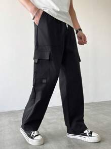 Claim Dot 男式纯色抽绳腰部工装口袋休闲裤 - 黑色 - 查看 3