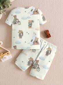 男婴熊图案休闲修身短袖 T 恤和短裤睡衣套装，舒适贴身，适合夏季 - 彩色 - 查看 2