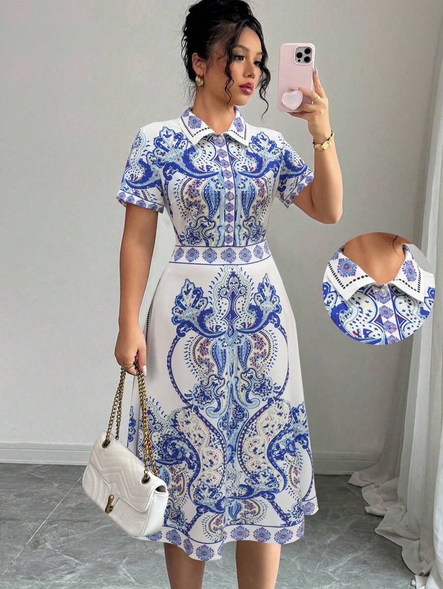 Elenzga Váy chữ A in họa tiết thanh lịch cho nữ tay ngắn - Xanh và trắng - Xem 1