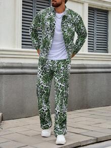 Manfinity Homme Men Denim Set, Leopard Print Long Sleeve Denim Jacket & Jeans, Fall - Multicolor - View 3