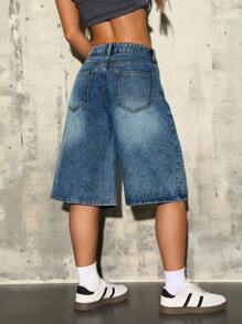 SHEIN ICON Women's Solid Color Pocket Loose Fashion Denim Shorts - Blue - View 2