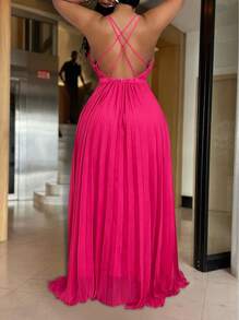 Veslaya 2025 年新款春夏日常/休闲/度假/海滩/旅行紫红色交叉细肩带高低褶皱连衣裙，专为大码女性设计 - 玫紅色 - 查看 10