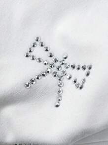 SHEIN EZwear CURVE Women's T-Shirt With All-Over Bow Rhinestone Glitter Design - White - View 4