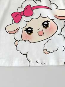 Eid Al-Adha, Cute Cartoon Lamb Design, Baby Girl Casual Simple Short Sleeve Round Neck Top, Suitable For Summer