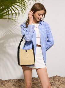 SHECARRY 女士单肩包秋冬季校园旅行通勤工作优雅精致豹纹草编包 - 彩色 - 查看 7