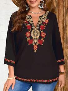EMERY ROSE Blusa casual con cuello en V, cómoda, de talla grande, con estampado floral rojo y dorado sobre fondo negro