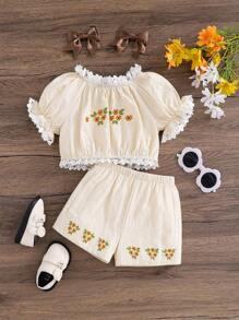 SHEIN Baby Girl Fit Casual Simple Comfort Round Neck Flower Pattern Embroidered Shirt Shorts Two Pieces Set - Apricot - View 10