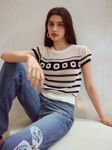 MOTF STUDIO FLORAL CROCHET STRIPED KNIT TOP - Apricot - View 1