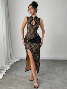 Firerie Nuovo abito cheongsam con inserti in pizzo, colletto a goccia con dettagli in metallo, elegante e sexy abito nero con spacco alto per le donne