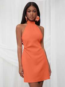 NYA SZN Vestido mini de cuello alto con escote halter, ceñido, para festival de primavera, verano, vacaciones, graduación, boda, invitada a evento especial, cena de bodas, baile de graduación - Naranja - Ver 7