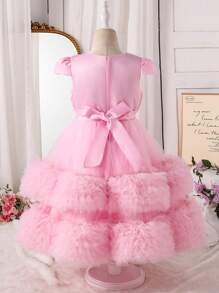 SHEIN Glamorique Kids 甜心玫瑰网眼花卉阴影泡泡公主裙 - 粉色 - 查看 3