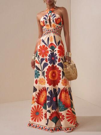 Zivah 2025 New Wave Wedding Season Simian Style Colorful Vacation Daily Dating Birthday Party Cross Halter Neck Hollow Front Chest Exposed Waist Back Strap Bow Decorated Hem,Sun Dresses For Women