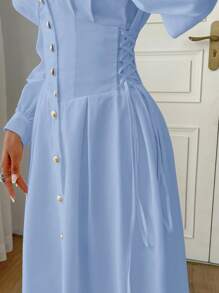 Modelyn Damen Langarm Kleid mit Knopfleiste Einfarbig, elegantes Abendkleid