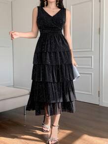 DAZY Vestido elegante de midi con cuello en V sin mangas y brillo para mujeres, para el verano