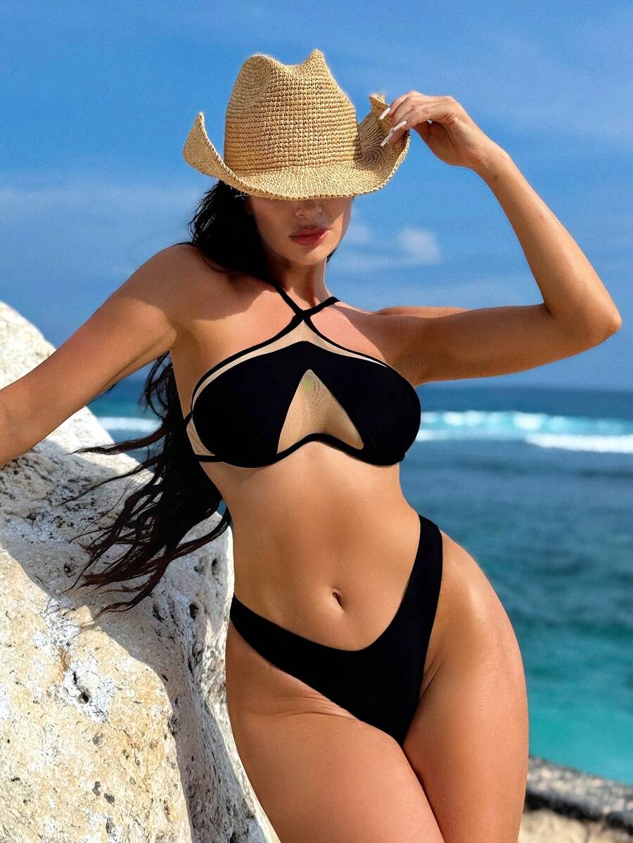 Swim SXY 2pcs Women's New Mesh Patchwork Halter Neck Sleeveless Sexy Solid Black Triangle Bikini Set - Multicolor - View 1