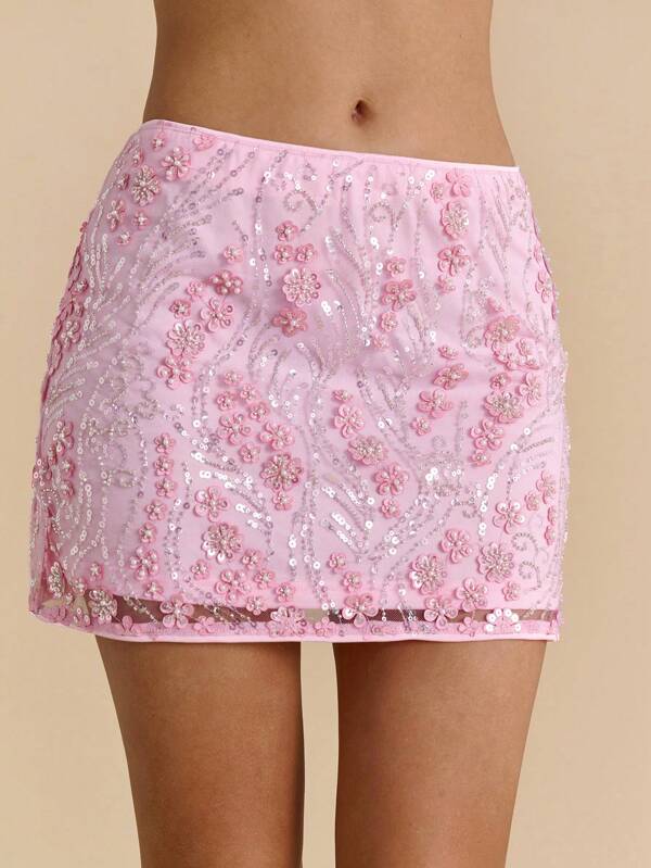 SHEIN BAE Fustă roz cu paiete texturate, bretele spaghete, talie joasă, foarte lungă, fustă de plajă pentru vacanță; Fustă cu paiete și imprimeu floral, fustă roz