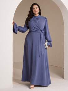 Veilorie Women Plus Size Solid Color Ruched Puff Sleeve Knot Waist Elegant Dress - Blue - View 6