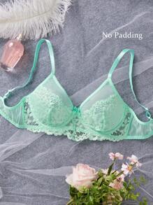 SHEIN 1 pieza Sujetador inalámbrico cómodo de malla transparente y encaje semi-transparente de color verde claro para mujeres