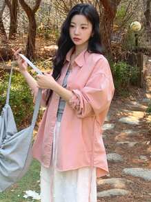 DAZY Women's Solid Color Front Button Long Sleeve Denim Shirt With Side Tie Details - Pink - View 5