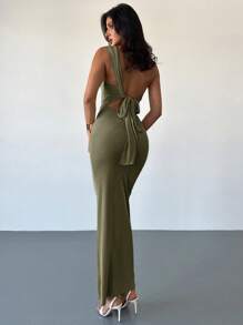 Firerie Vestido maxi elegante y sexy para vacaciones con diseño de un solo hombro con pliegues, espalda descubierta y cintas, adecuado para el Día de San Valentín, la temporada de bodas, el Día de San Patricio, primavera/verano