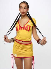 SUMWON WOMEN Vibrant V Neck Graphic T Shirt Festival Summer Tee Stylish Campus Casual Day Wear Super Fan Jersey - Yellow - View 5