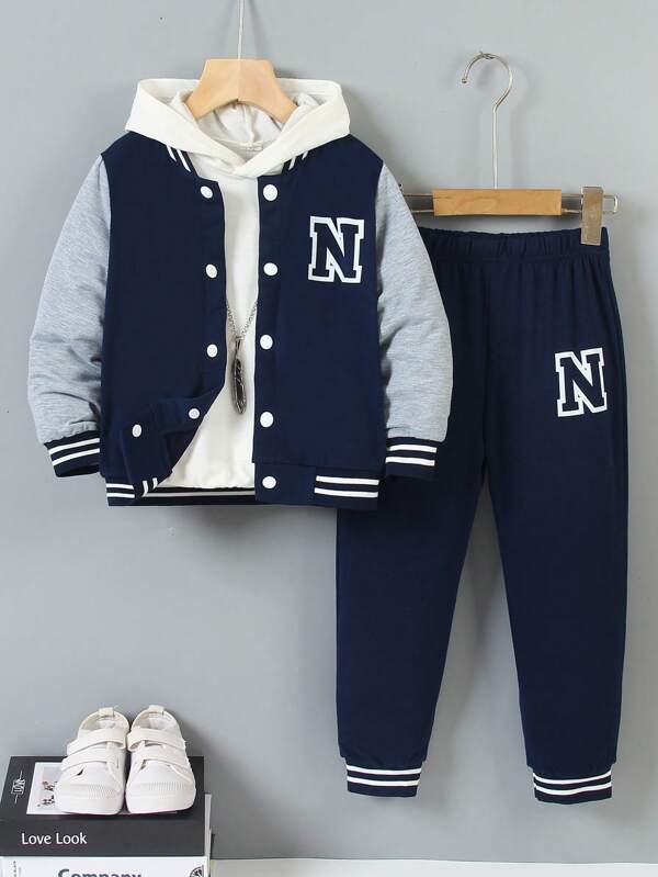SHEIN Young Boys 2-Piece Set, Black Knit Sweater With White Contrast Sleeves & Large Letter N Print, Paired With Matching Letter Print Sweatpants, Rib Trim At Collar, Cuffs, Hem And Ankle, Elastic Waist For Comfort, Casual Sporty Style Suitable For Daily Wear, School, Travel In Spring/Autumn