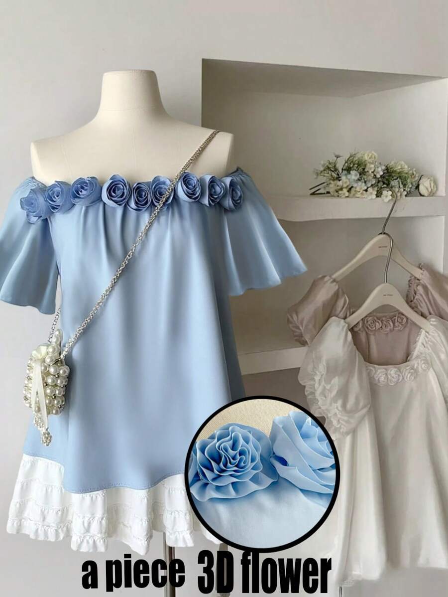 SHEIN Clasi Plus Size Women Off Shoulder Solid Color 3D Flower Decor Short Sleeve Blouse - Blue - View 1