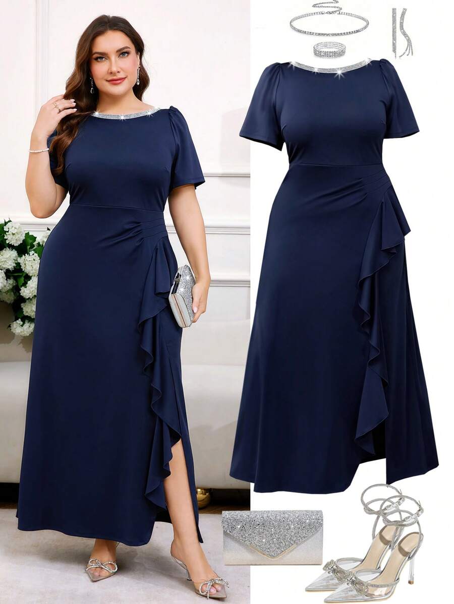 Ellevyn 大码女式纯色泡泡袖亮片拼接荷叶边下摆优雅连衣裙，女士夏季服装，女士夏季连衣裙，舞会礼服，毕业礼服，女士婚礼宾客礼服，女士毕业礼服，女士生日礼服，女士长裙，礼服 - 藏蓝色 - 查看 1