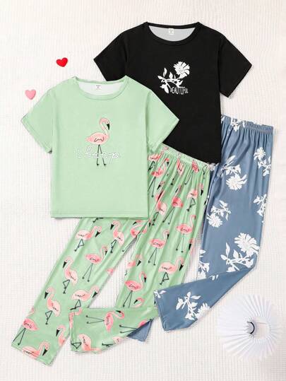 2pcs/Set Girls Casual Navy Blue Flamingo Printed Long Pants & Short Sleeve Top Loungewear Set