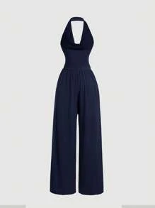 SHEIN MOD Draped Neck Loose Waist Gathered Wide Leg Jumpsuit - Navy Blue - View 2