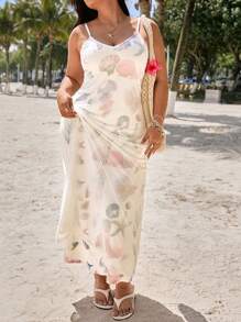 SHEIN EZwear 大码度假海星印花网眼细肩带美人鱼下摆网纱连衣裙