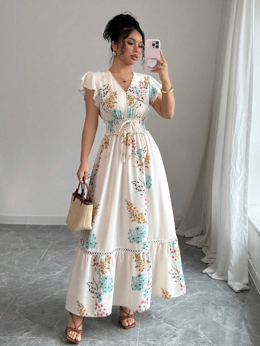 Elenzga Women's Spring/Summer Casual Vacation Apricot Floral Print Shirred Design Patchwork Ruffle Waist Cap Sleeve Maxi Dress - Apricot - View 1