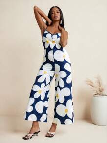 JIAN LASALA 夏季花朵印花 A 字型超大女式连体裤 女式度假休闲装 女式连体裤 女式夏季服装 夏威夷服装 女式安卡拉连体裤 度假装 狂欢装 节日装 - 彩色 - 查看 4