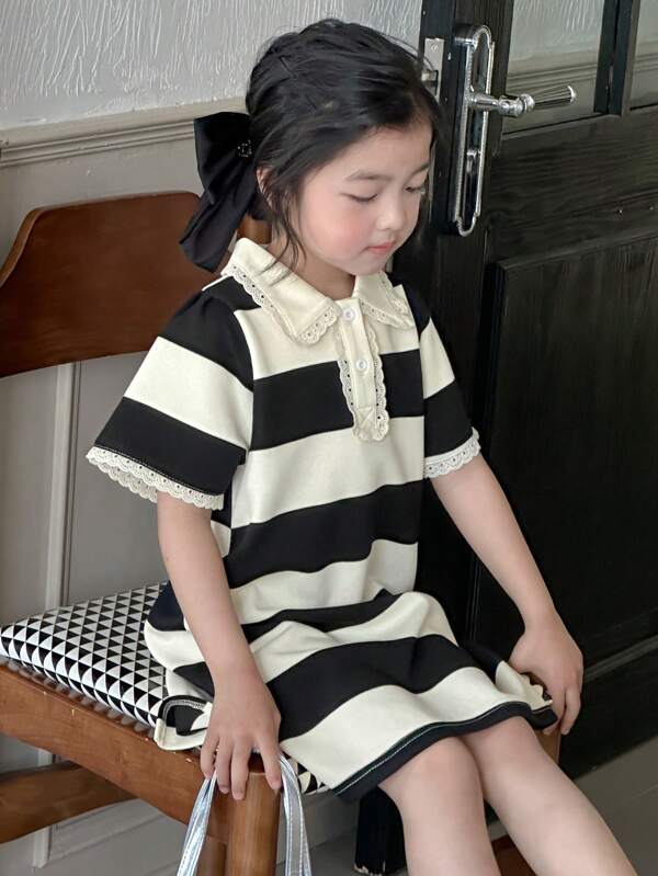 DAZY Girls (Small) Lace Patchwork Collar Striped Short Sleeve Dress