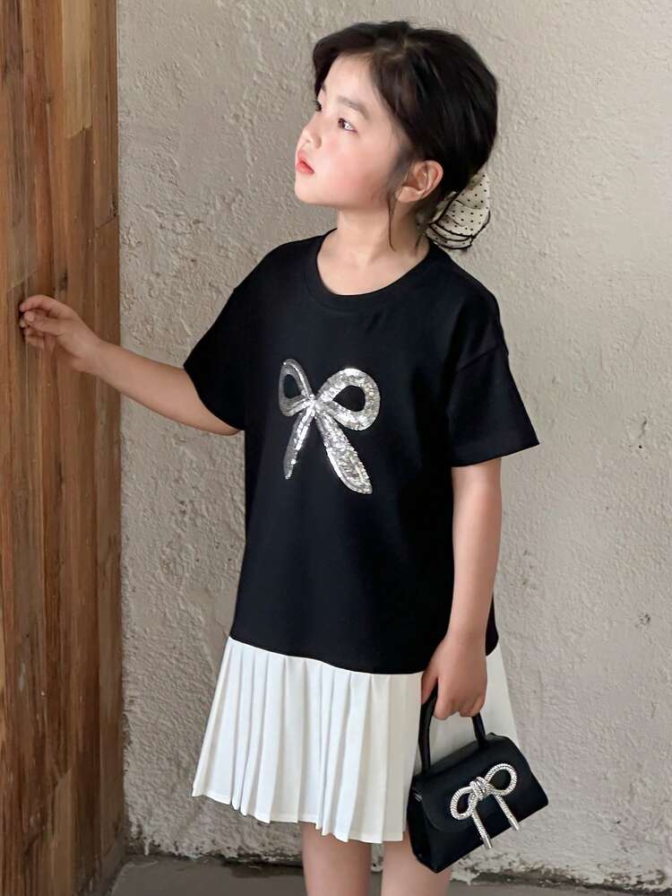 Young Girls Sequin Bow Decor Cute Ruffle Hem Pleated Mid-Calf Splice Dress,Girls Summer Outfits