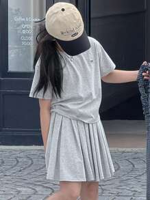 DAZY 2pcs/Set Tween Girls Crew Neck Embroidered Butterfly Knit Top And Skirt Outfit, Summer, Back To School Clothes - Grey - View 3