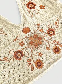 ROMWE Hippie Parte superior tejida de camisola con escote pronunciado, bordada con flores, de estilo hippie, con cordón de cierre en la espalda, para tallas grandes