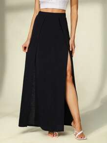 SHEIN Tall Falda negra de verano para mujer con abertura lateral - Negro - Ver 5