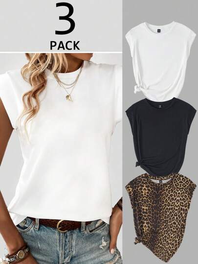 SHEIN LUNE 三件套加大码休闲百搭简约宽肩T恤，夏季度假女装沙滩节日基础款T恤女式夏季休闲上衣