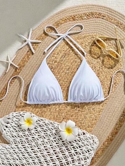 SHEIN Swim Curve 大码夏季假期纯色挂脖三角杯比基尼上衣