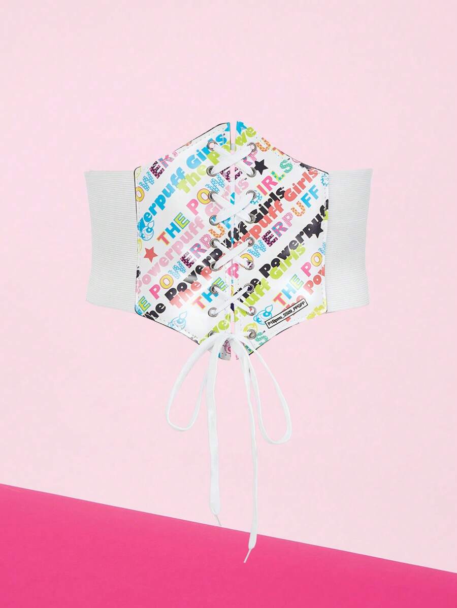THE POWERPUFF GIRLS X SHEIN 1 Pc Women Multicolor Letter Graphic Hexagon Waist Belt, Versatile Daily Wear - White - View 1
