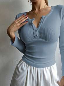 DAZY Solid Color Round Neck Button Up Casual Long Sleeve T-Shirt