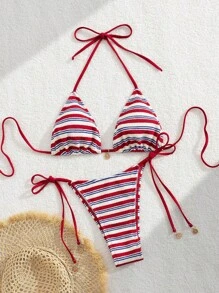 Swim Mod 2pcs Summer New Red Drawstring Halter Sexy Backless Fashionable Round Logo Ladies Bikini Swimsuit Set