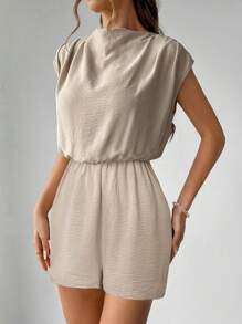 Firerie Khaki Turtleneck Sleeveless Short Jumpsuit For Women, Elegant Casual Romper For Commute, Khaki Shorts Jumpsuit, Summer Romper, Spring/Summer Outfit, Commute, Elegant, Teacher's Day, Work Attire,Graduation,Teacher Outfits For Women,Back To School - Khaki - View 4