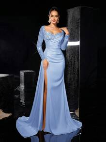 Glamrae Váy dài tay thanh lịch, sang trọng, xuyên thấu, đính ngọc trai, vải satin, eo nhún, xẻ tà cao đến đùi, viền xếp nếp bên hông, thích hợp cho đám cưới, tiệc tùng, câu lạc bộ, kỳ nghỉ, những dịp trang trọng (được tô điểm nhiều), cho buổi tối, khách dự tiệc cưới - Màu xanh nhạt - Xem 7