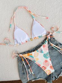 SHEIN Swim 2pcs Halter Tie Knot Ribbed Shell & Ditsy Floral Boho Music Festival Summer Beach Women Swimwear Set - Multicolor - View 2