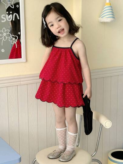 DAZY 2pcs/Set Young GirlPolka Dot Camisole Top And Skirt Outfit, Summer