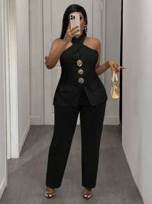 Slaydiva 大码无袖白玫瑰金金属扣吊带背心，2025 年春夏新品