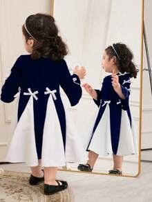 Baby Girl Elegant Dresses With Bow Decorated Two-Tone Color Fall Winter - Blue - View 2