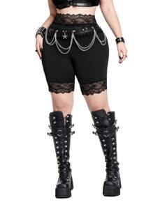 Whyspr Casual Punk Plus Size High Waisted Elastic Solid Color Contrast Lace Leggings - Black - View 1